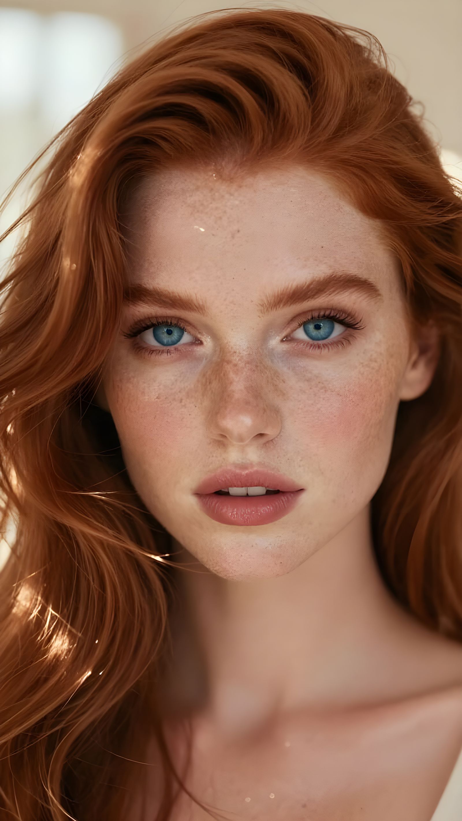 Stunning Red Haired Woman Portrait with Luminous Blue Eyes