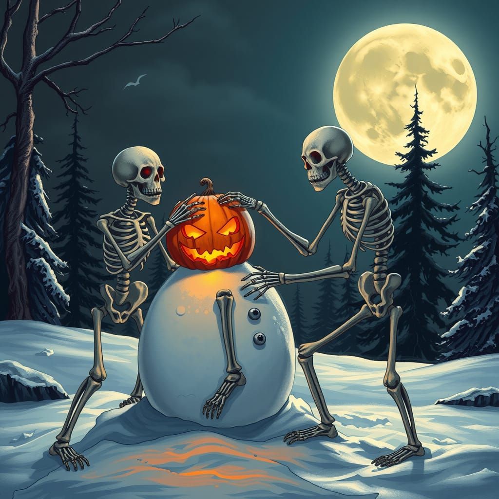 Skeletons Build Snowman With Jack-o'-Lantern Head Under Full...
