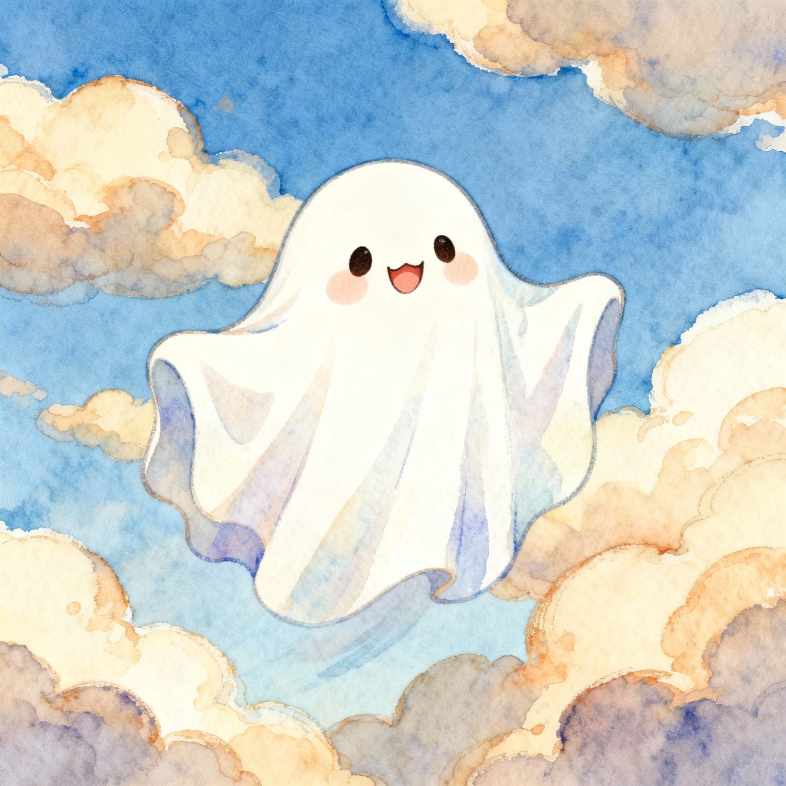 Cute Chibi Sheet Ghost Among Clouds Watercolor Illustration
