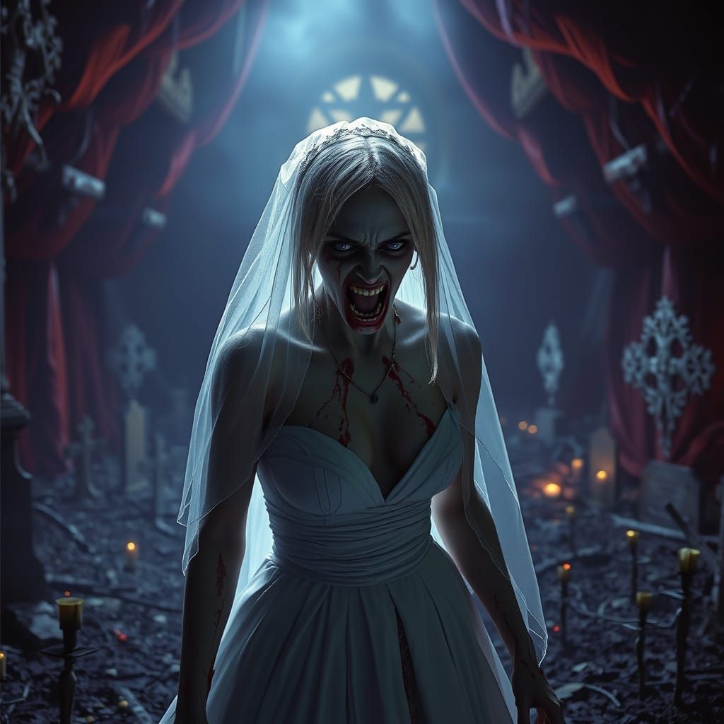 Terrifying Horror Bride in Dark Crypt