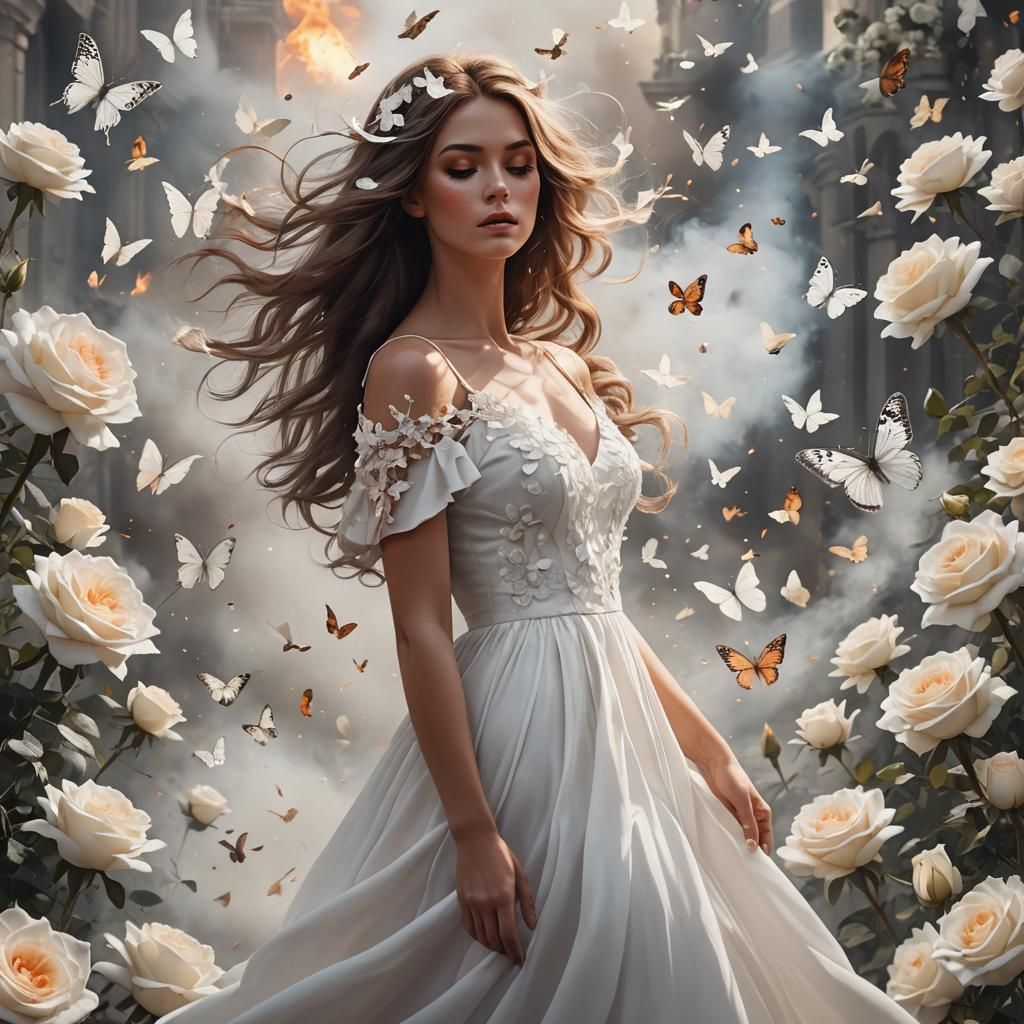 Ethereal Beauty Amidst Fire and Roses