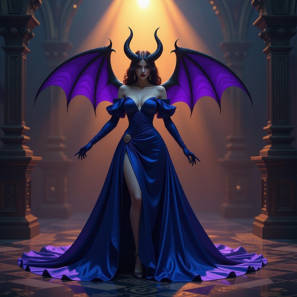 Dark Fantasy Devil in Blue Dress with Volumetric Lighting