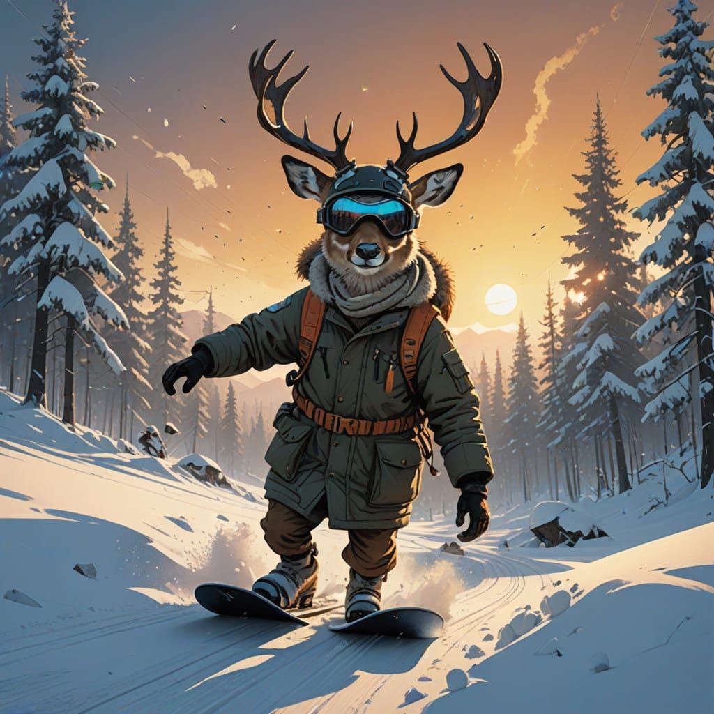 Joyful Deer Snowboarding Down a Snowbank at Golden Hour