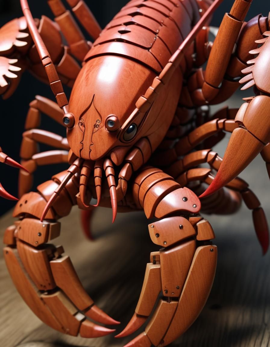 Detailed Wooden Robot Lobster Sculpture in 4K