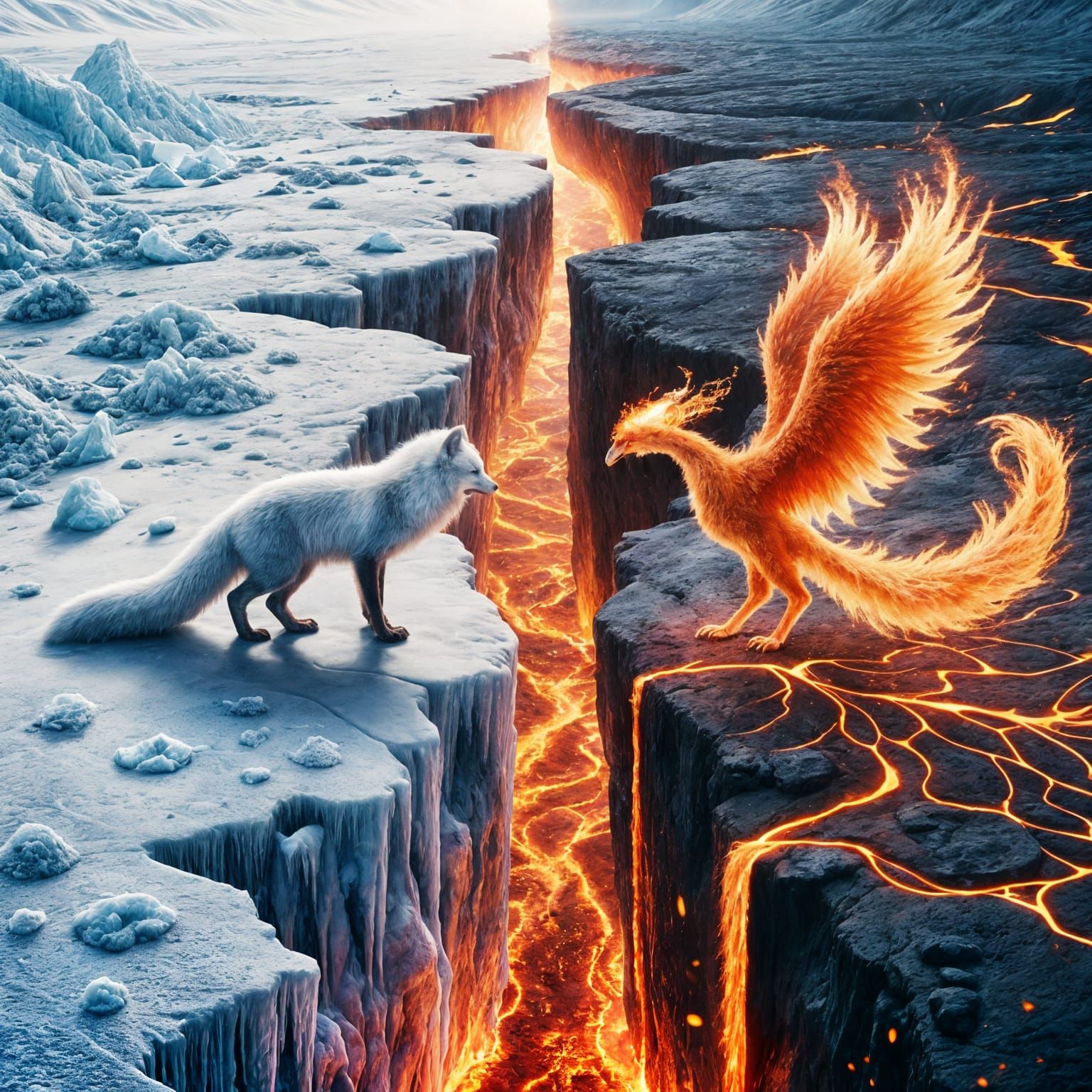 Arctic Fox and Fire Phoenix in Lava Canyon
