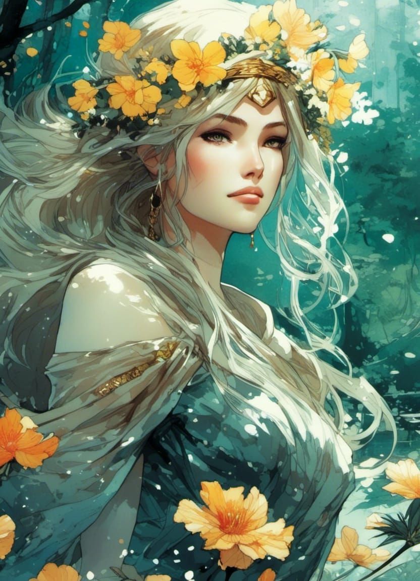 Fantasy Nymph in Lush Forest: Watercolor Art