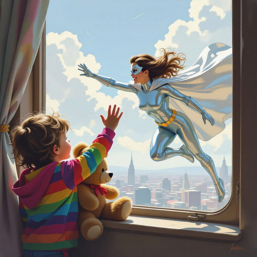 Superheroine Flies Past Child's Window: Digital Illustration