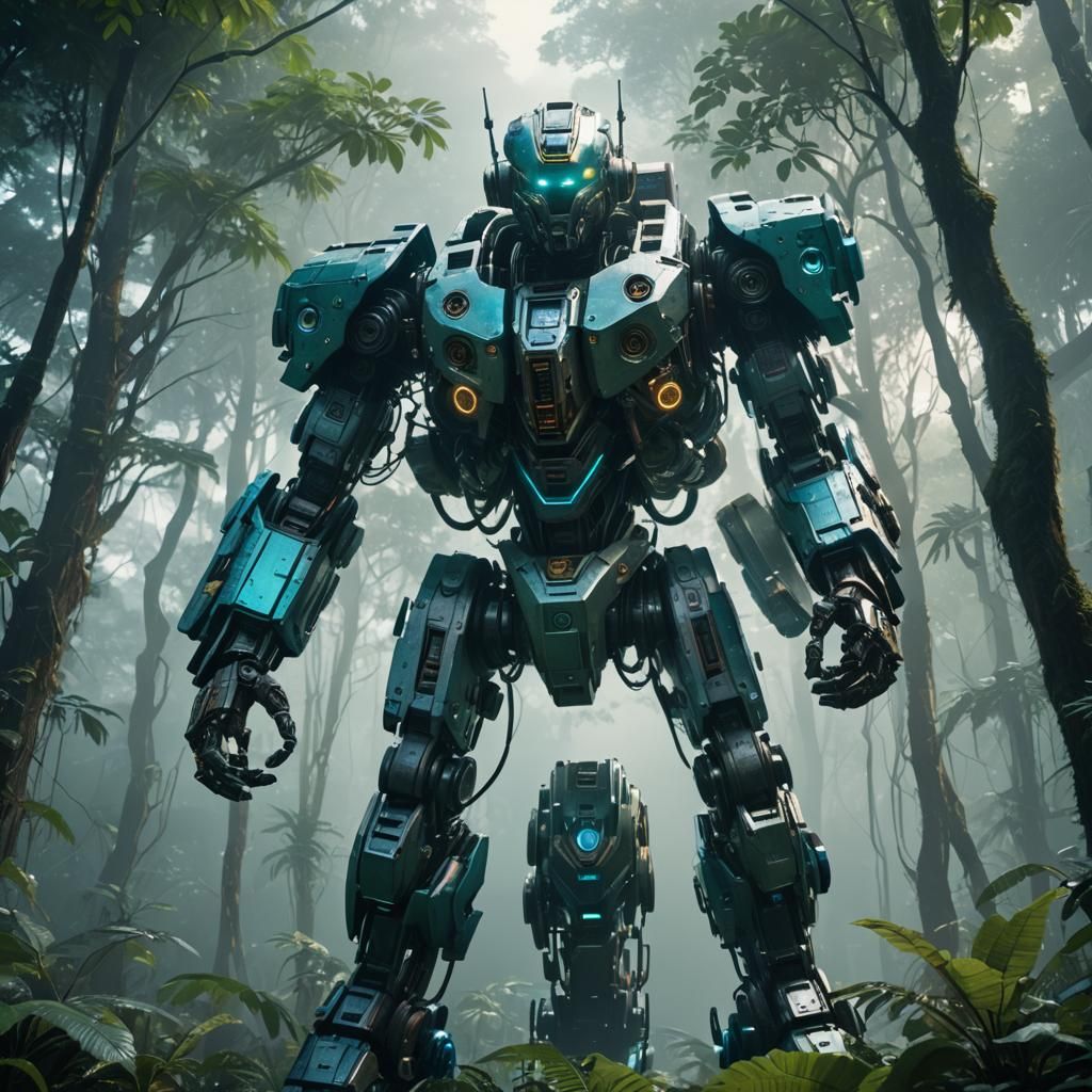 Cyberpunk Mech in Rainforest: Cinematic Film Still