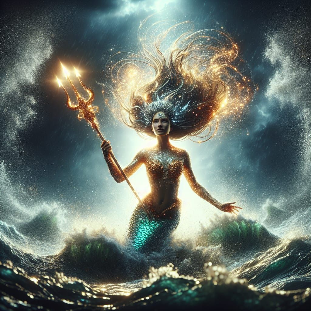 Powerful Mermaid with Trident in Digital Matte Painting