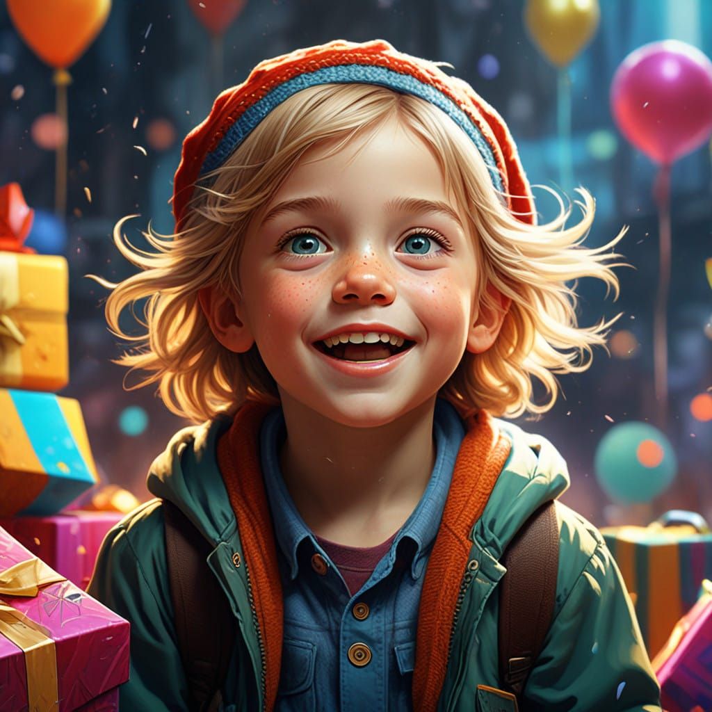 Joyful Child Surrounded by Vibrant Gifts in a Magical Hyperr...