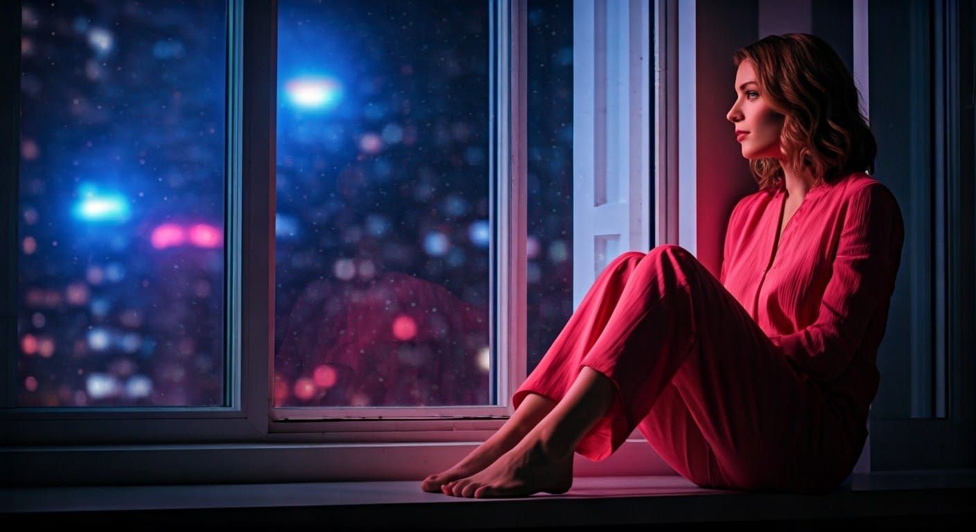 Woman Gazing at City Lights: Urban Realism