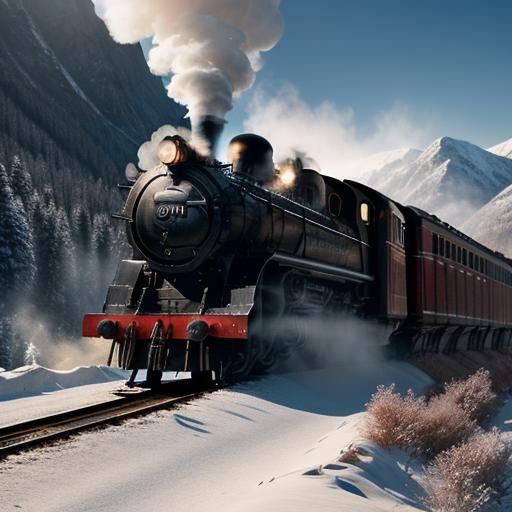 Winter Mountains: Old Steam Train in Cinematic Style