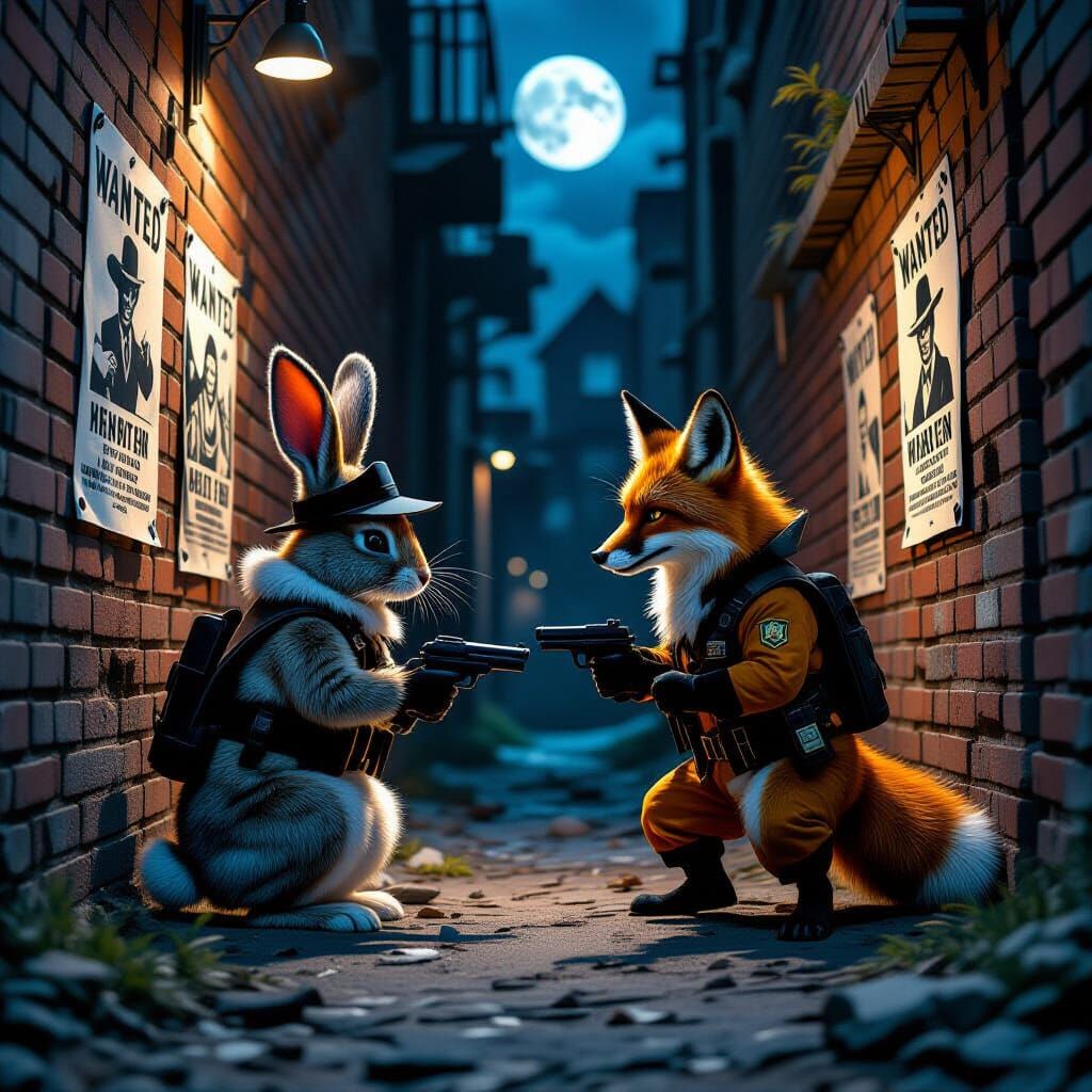 Rabbit and Fox Cops & Robbers in Moonlit Alley