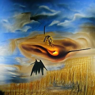 Burning Bat and Scarecrow, Surreal Oil on Canvas