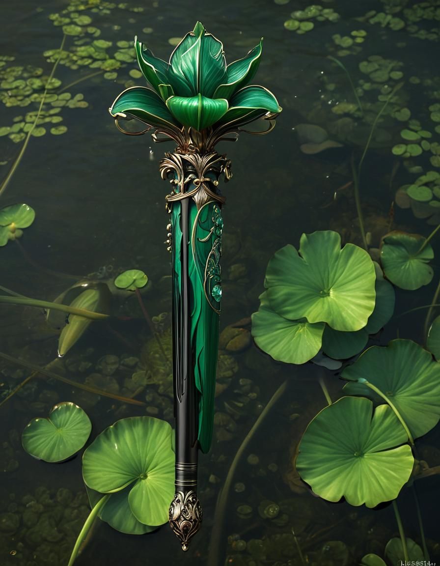Ornate Malachite Scepter with Lily Pad Design
