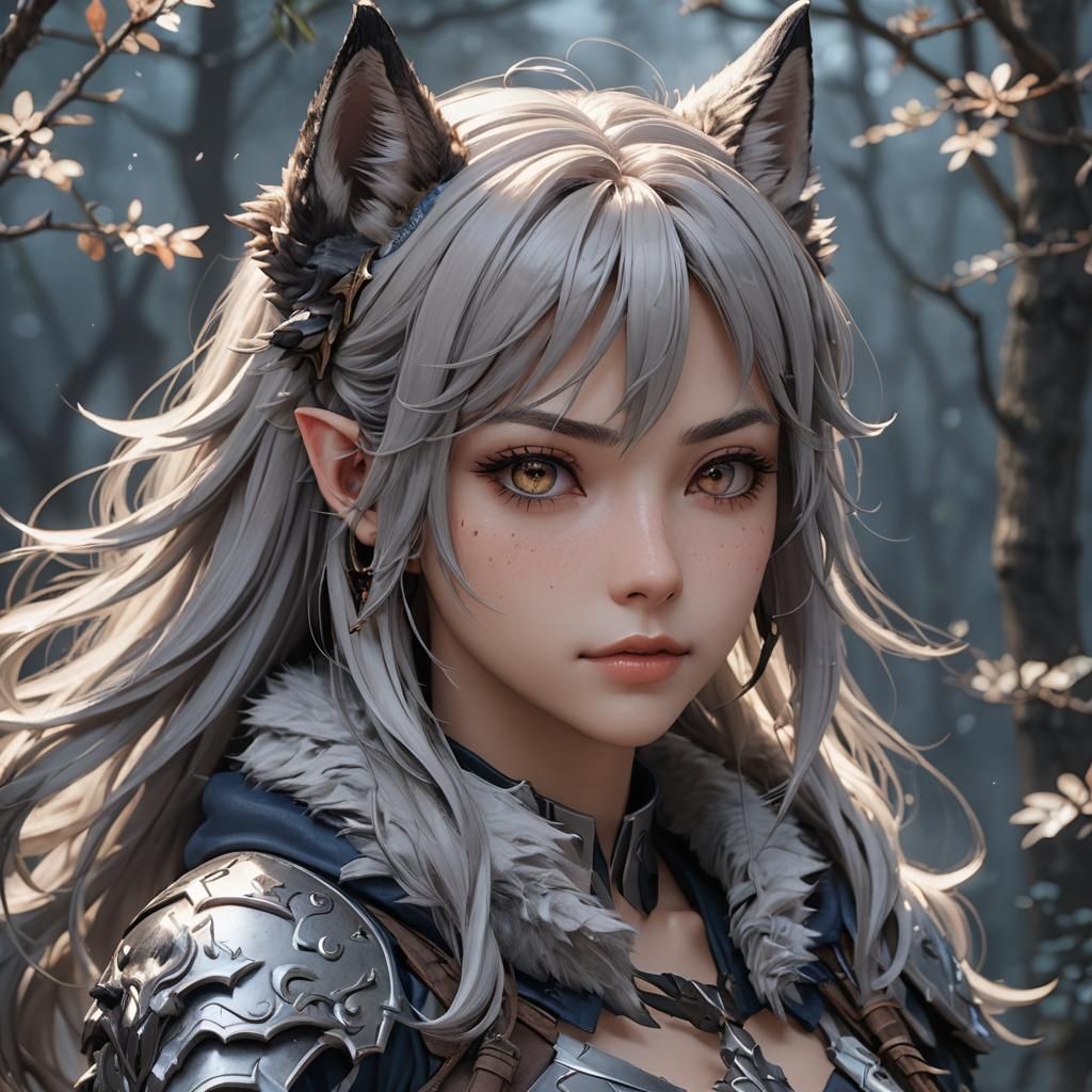 Detailed 3D Anime Wolfgirl Concept Art