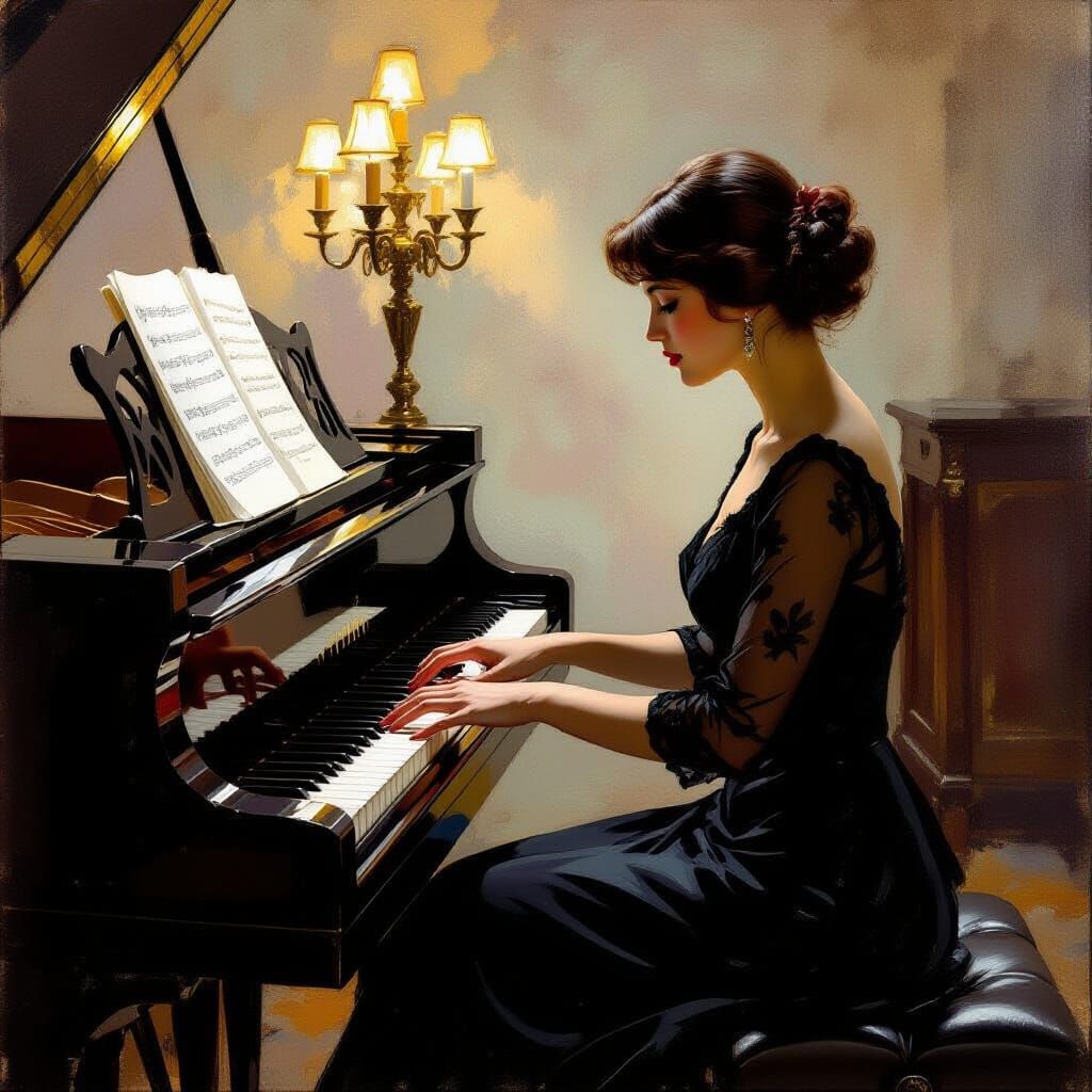 Woman Playing Grand Piano in Moody Salon