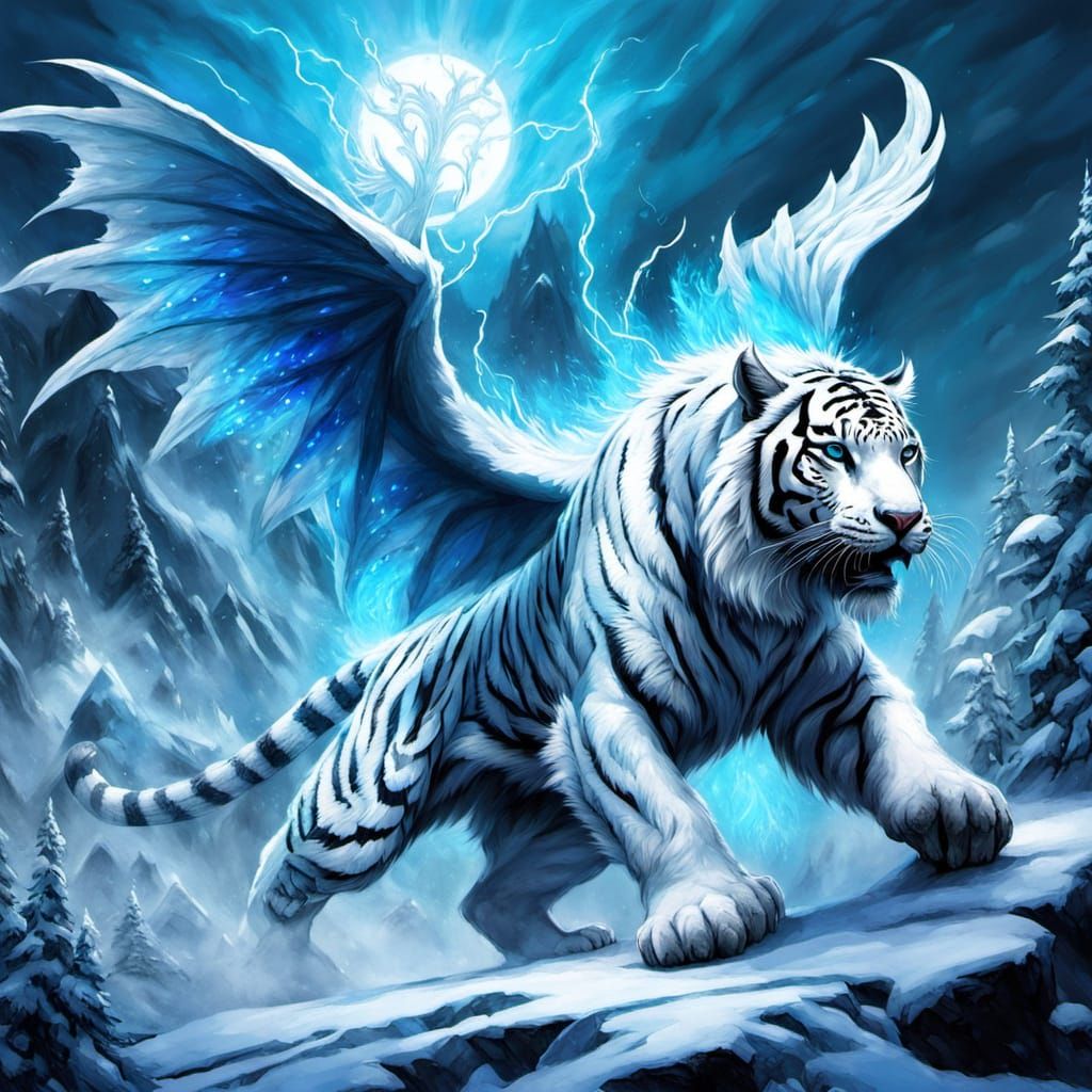 White Tiger Dragon with Blue Fire, Fantasy Art
