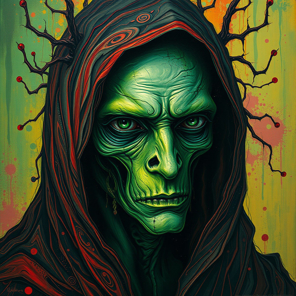 Mystical Envy Portrait in Hyperrealistic Splash Art Style