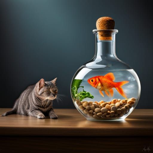 Hyperrealistic Goldfish in Bottle Watched by Cat
