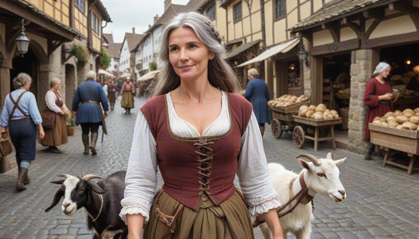 Medieval Woman Walks Her Goat Through Bustling Marketplace