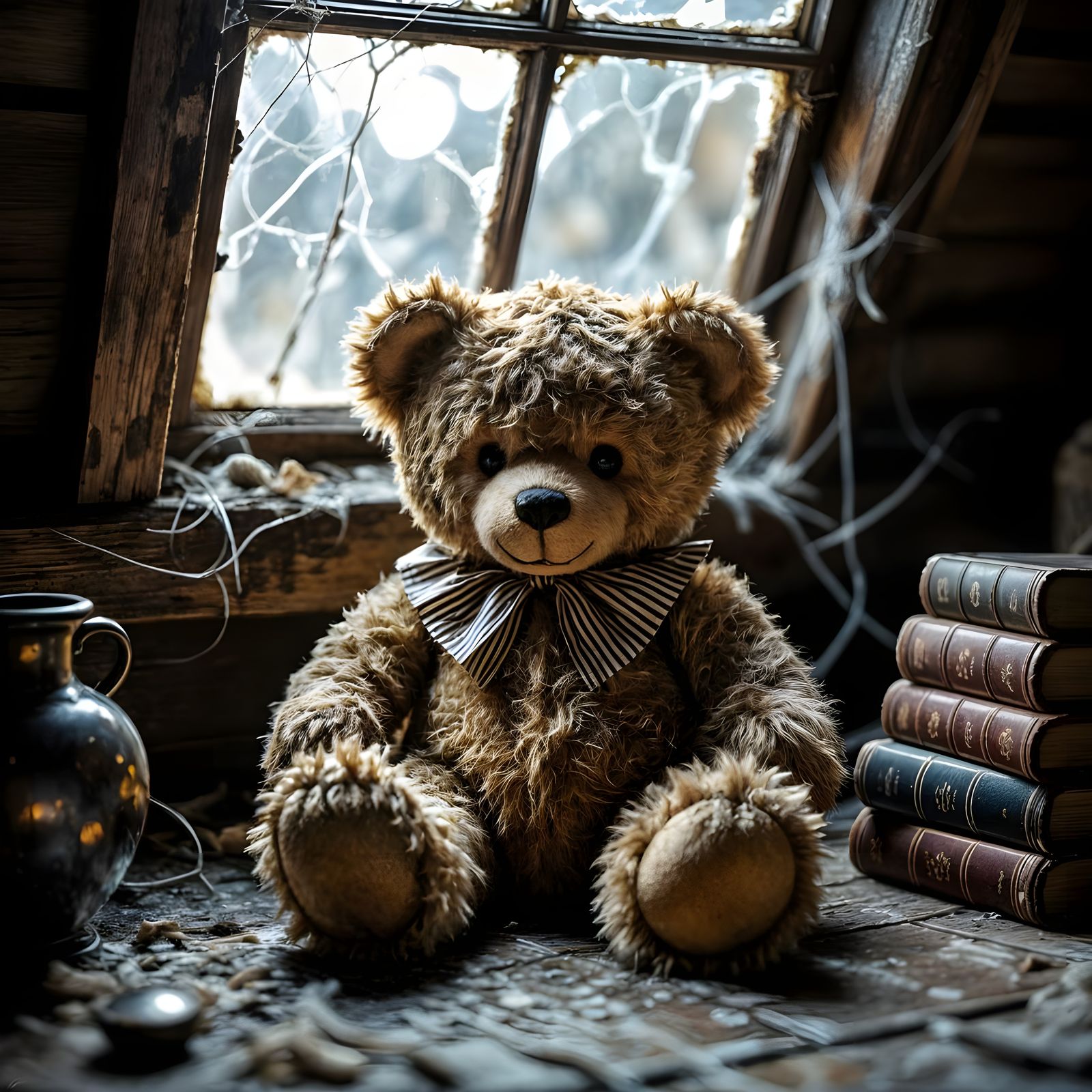 Tattered Teddy Bear in Dusty Attic by Moonlight