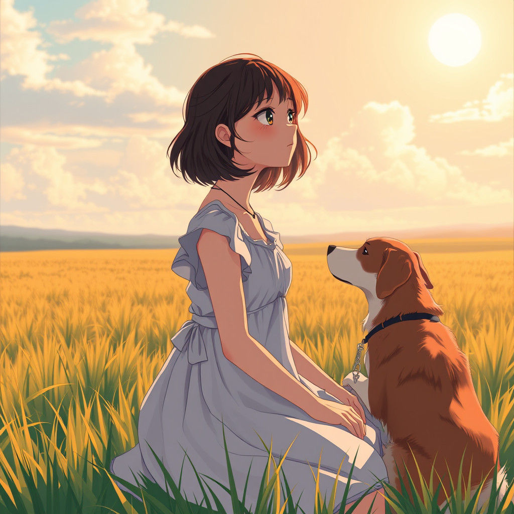 Girl and Dog in Anime-Style Countryside Field