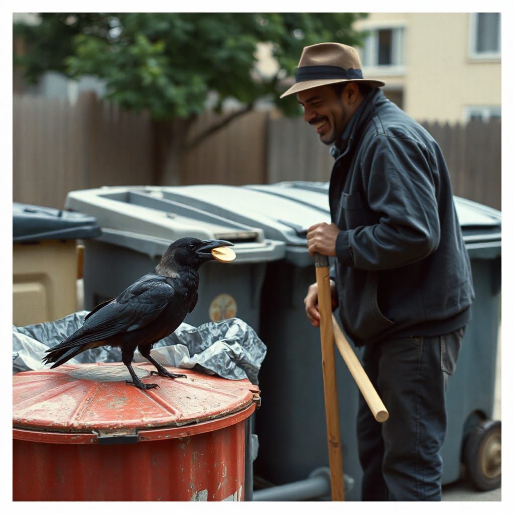 Crow with Gold Coin and Smiling Yardman