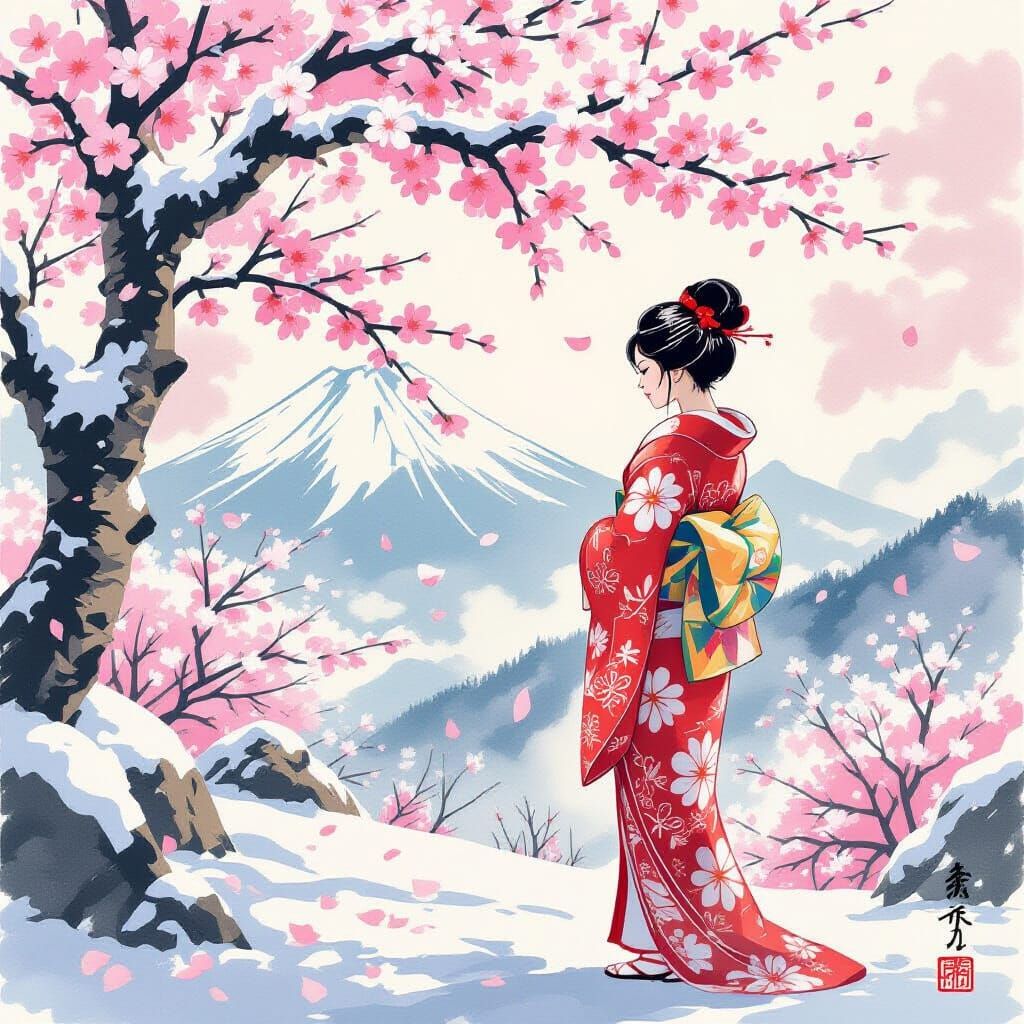 Woman Under Cherry Blossoms: Ukiyo-e Style
