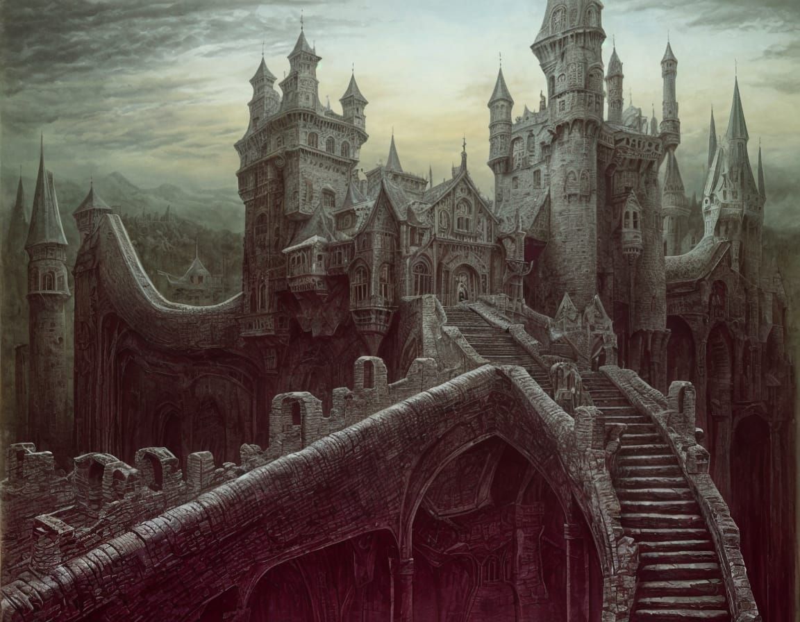 Ethereal Castle Landscape in a Dark Surrealist Style