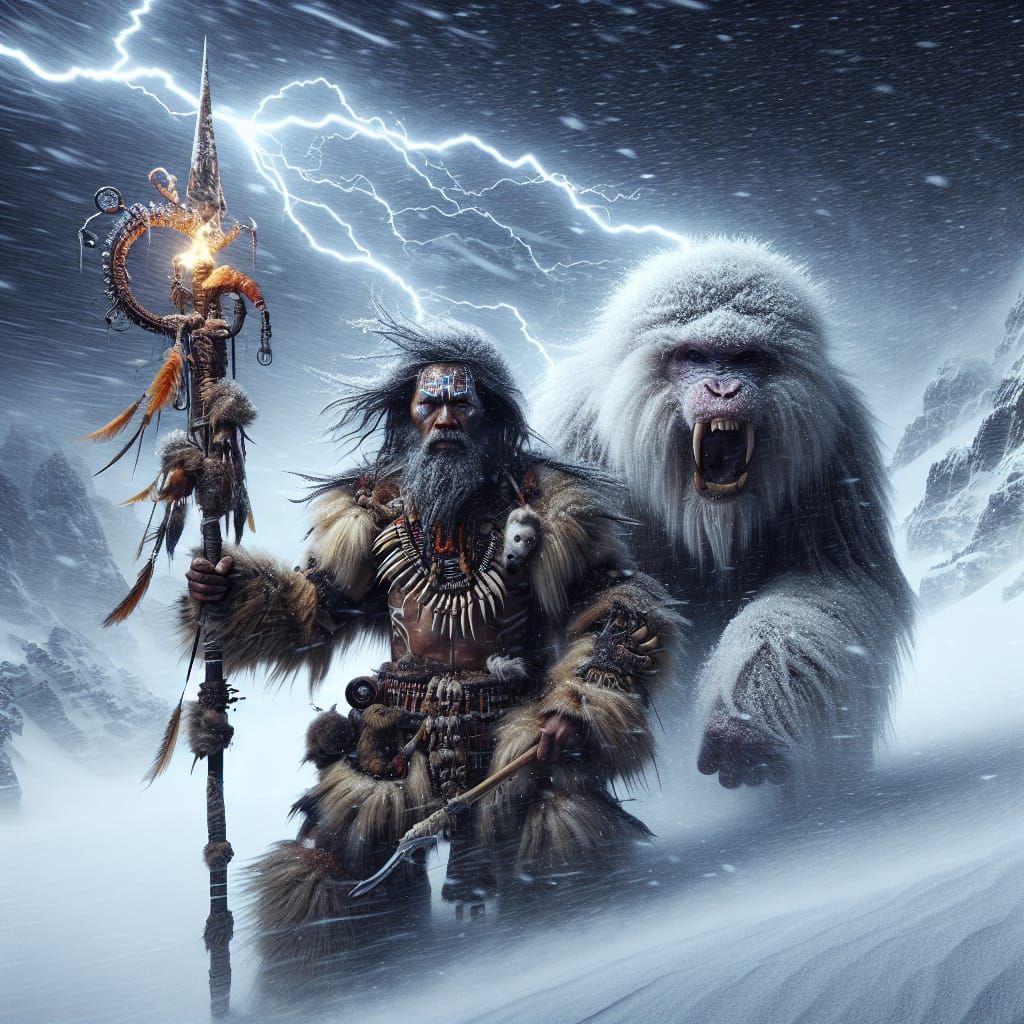 Tribal Man and Arctic Monkey in Snowstorm