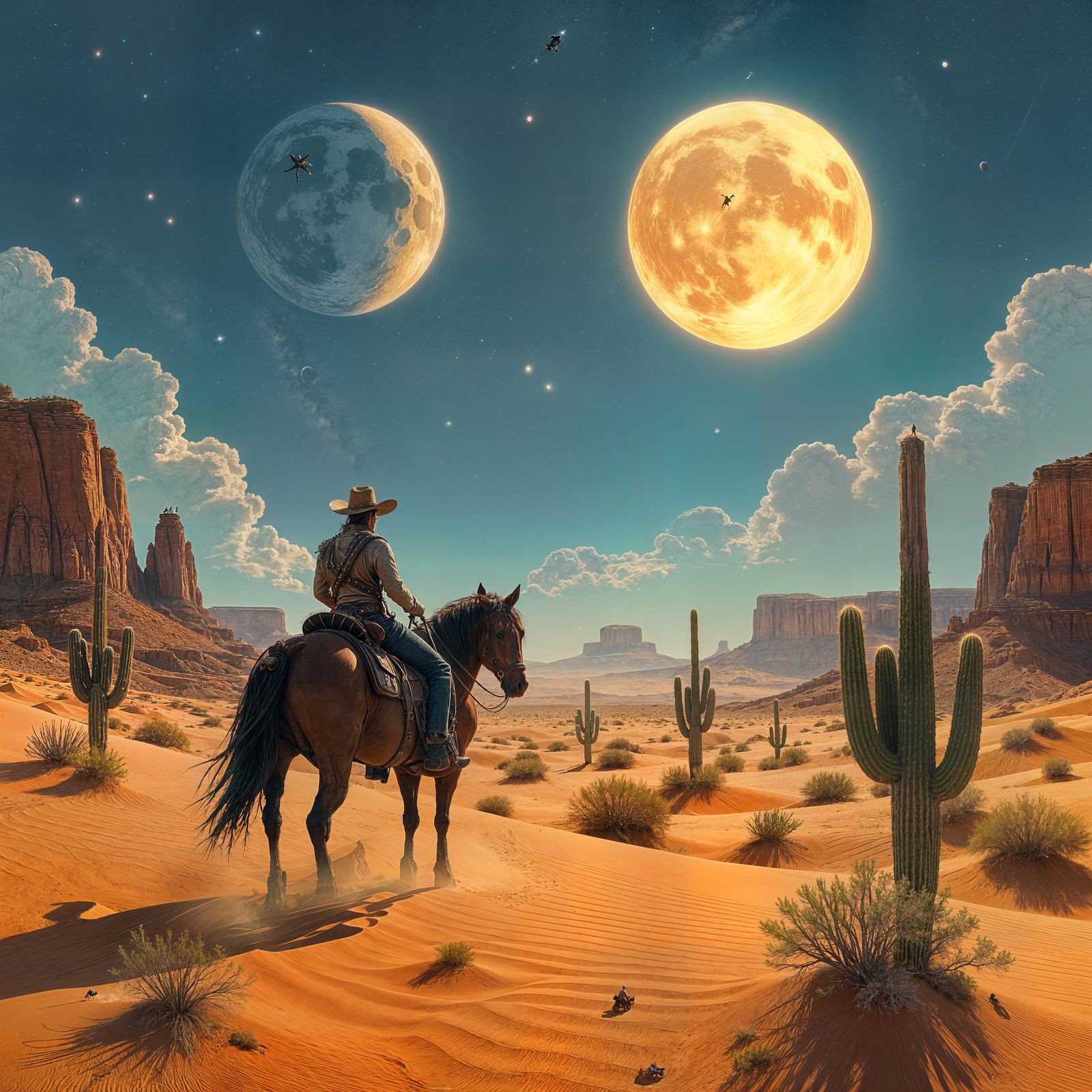 Cowboy on Alien Desert Under Twin Moons