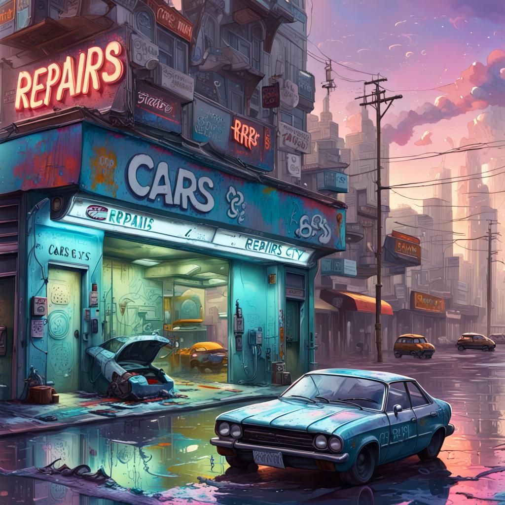 Future rundown city, car repair mechanics shop.