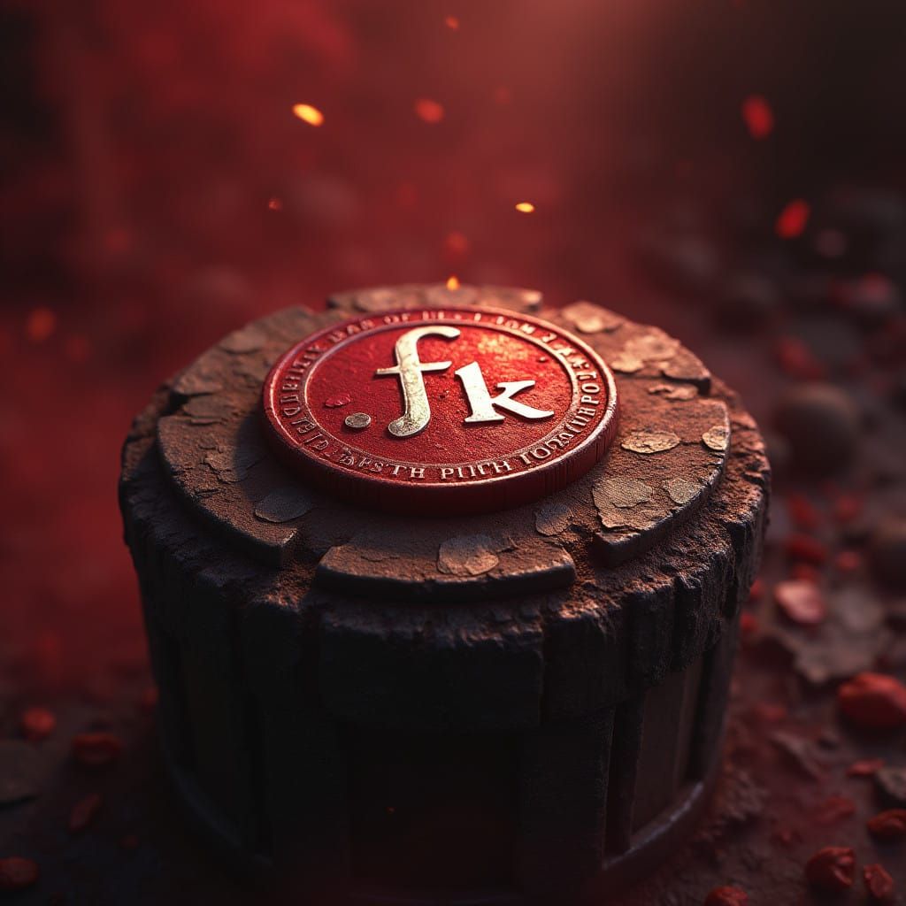 Ancient Red Coin with Mystical Symbol in a Haunting Red Mist