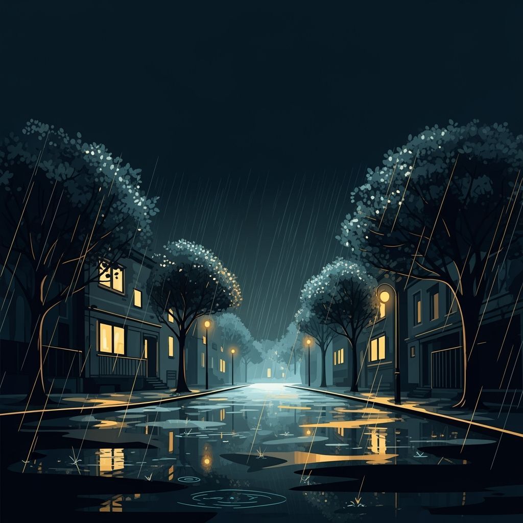 Rainy Night Vector Landscape with Glistening Reflections