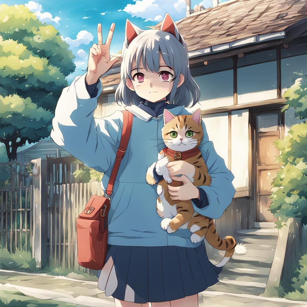 Anime Girl with Mask Holding Cat and Peace Sign
