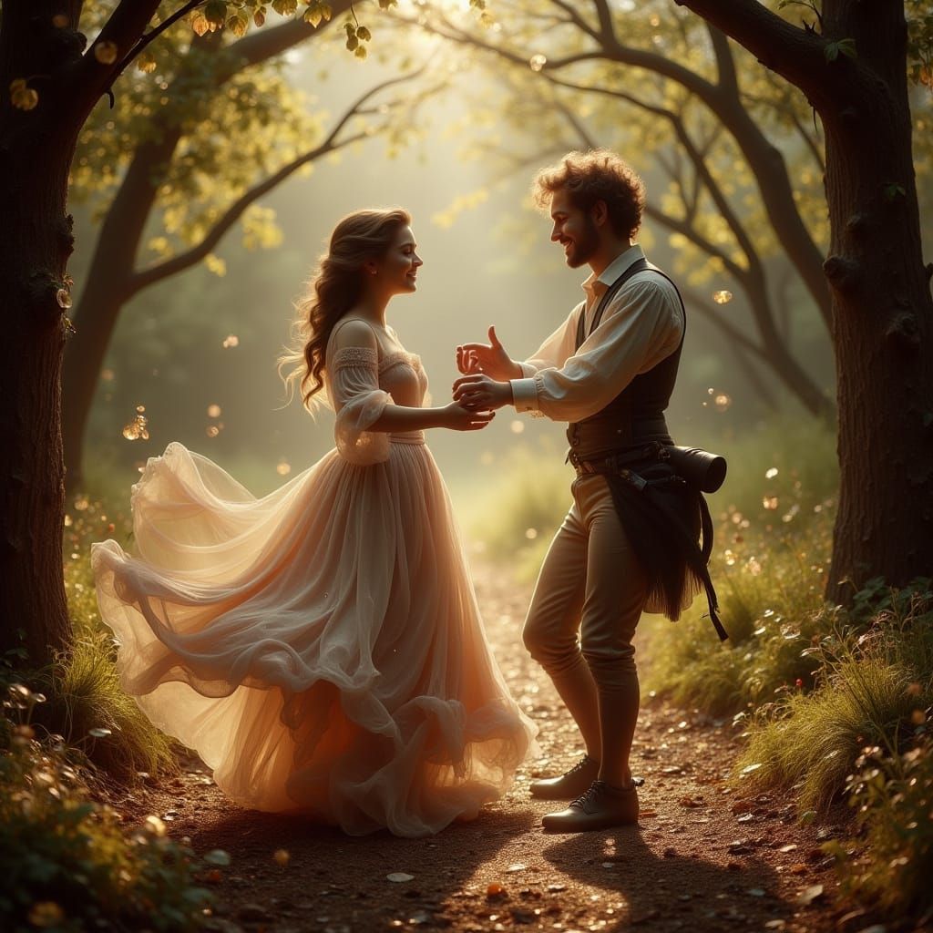 Regency Couple Dancing Joyfully in Sunlit Forest Clearing