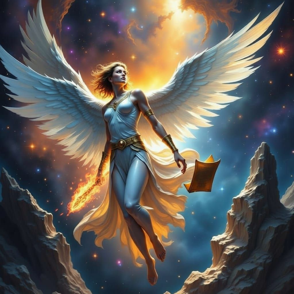 Outer space Angel Uriel in liminal space made of stardust an...