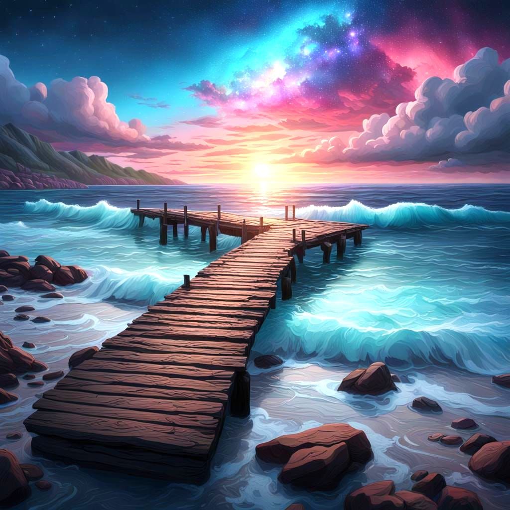 Vibrant Sunset Over Rocky Shoreline with Galaxy