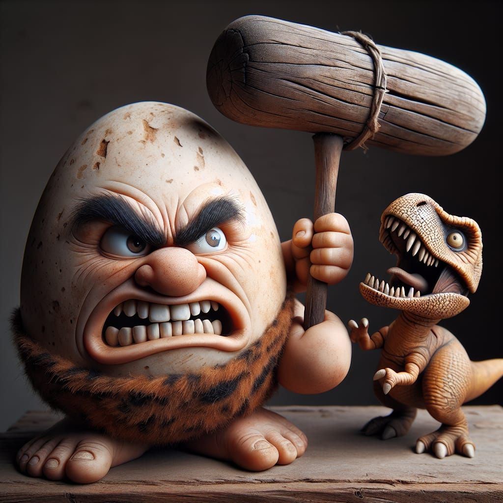 Primitive Caveman Holds Egg-like Dinosaur and Club in Fierce...