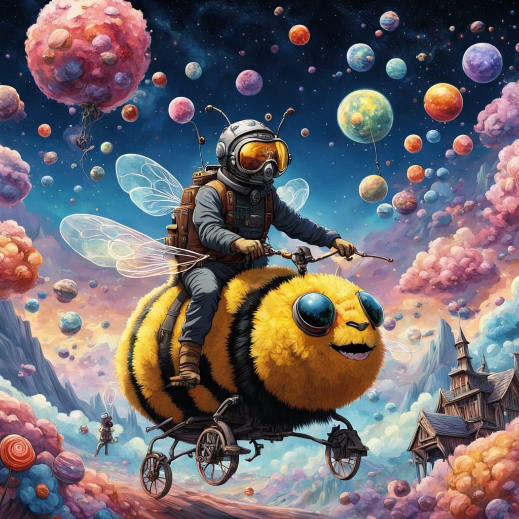 Man Rides Giant Bumblebee Through Candy Nebula