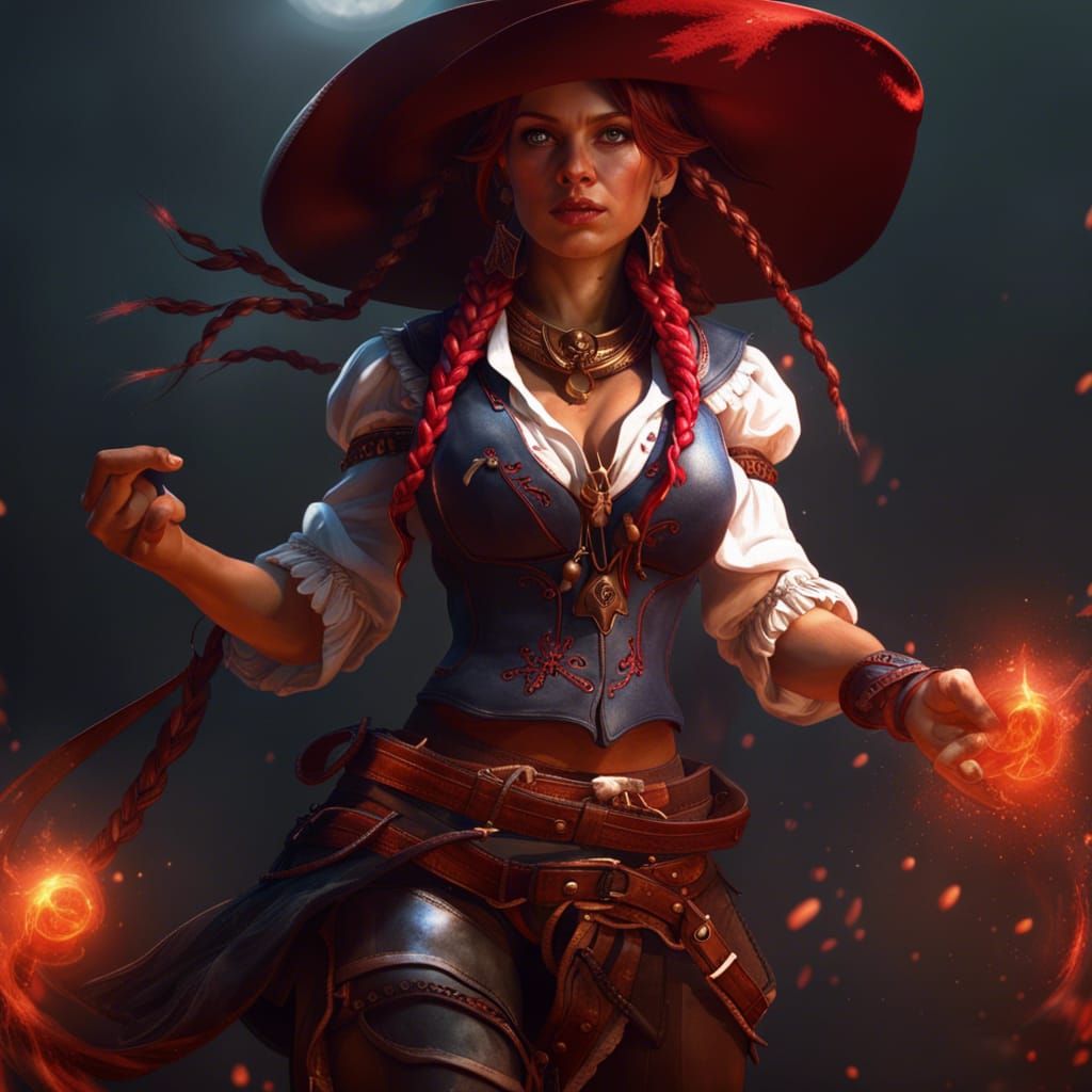 Cowgirl Sorcerer Casting Magic, Dark Fantasy Art