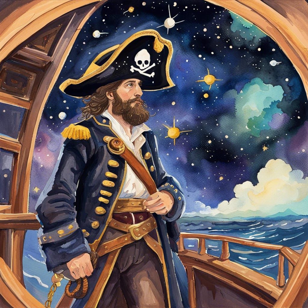 Cosmic Pirates Navigate the Cosmos in Gouache Style