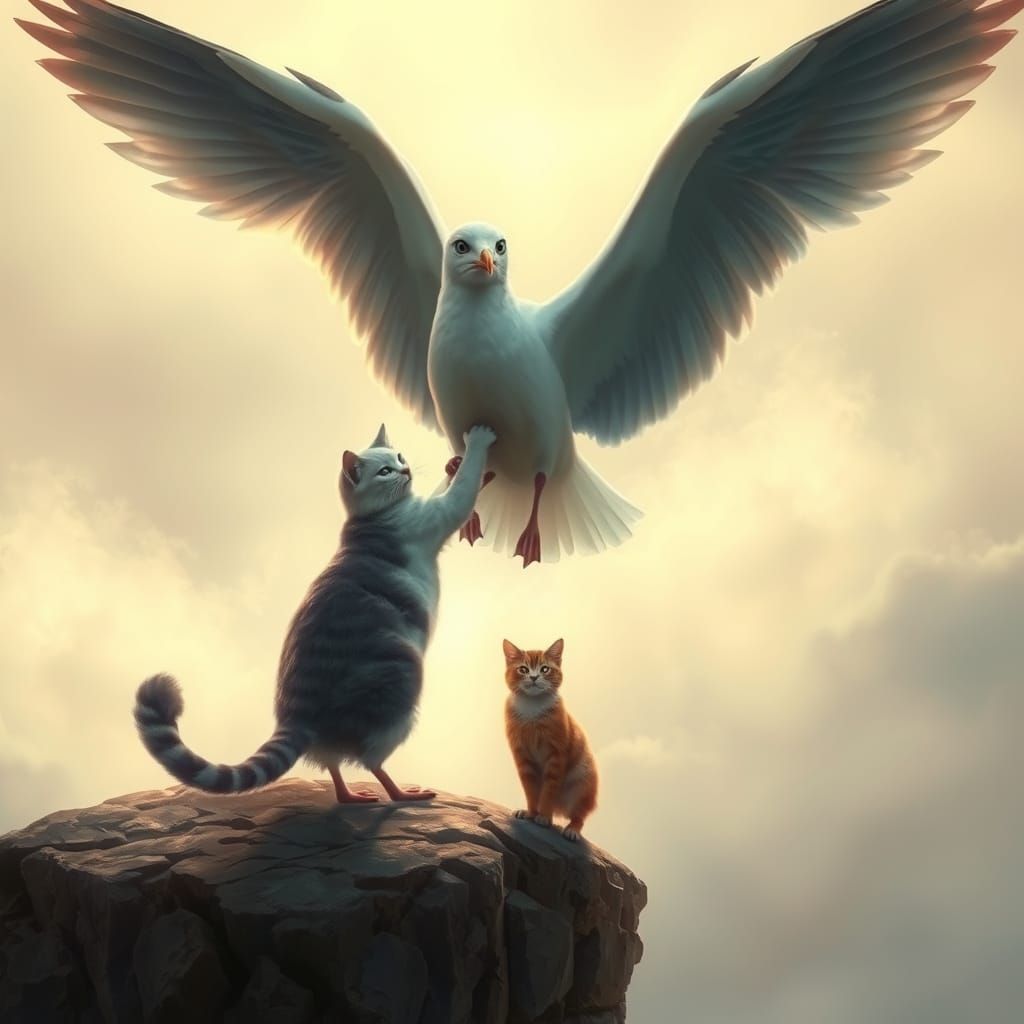 Seagull and Cat on Misty Cliff in Ethereal Fantasy Style