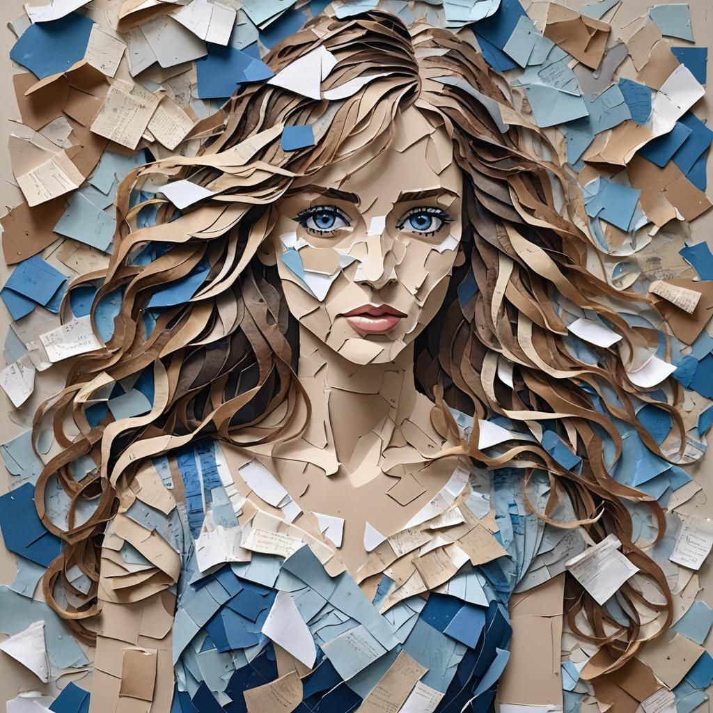 Paper Collage of a Beautiful Woman in Blue Dress