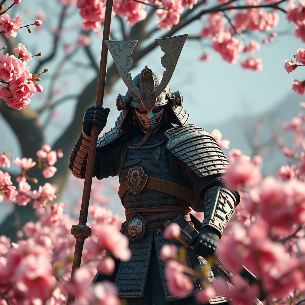Onna-Musha Warrior in Cherry Blossoms: Holographic Art