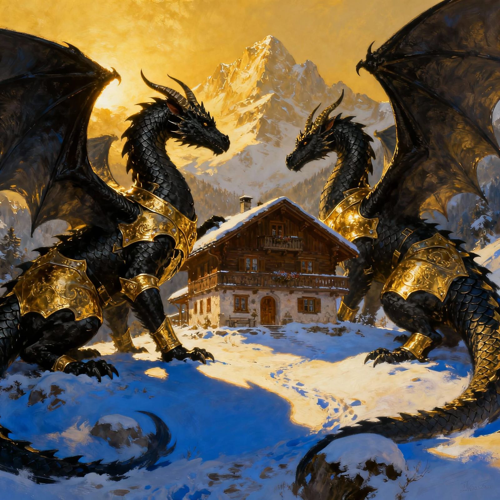Swiss Chalet with Dragons in Golden Armor in Mountains