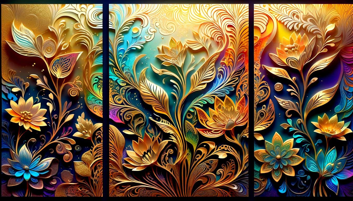 Intricate 3D Floral Triptych with Holographic Gold Luminosit...