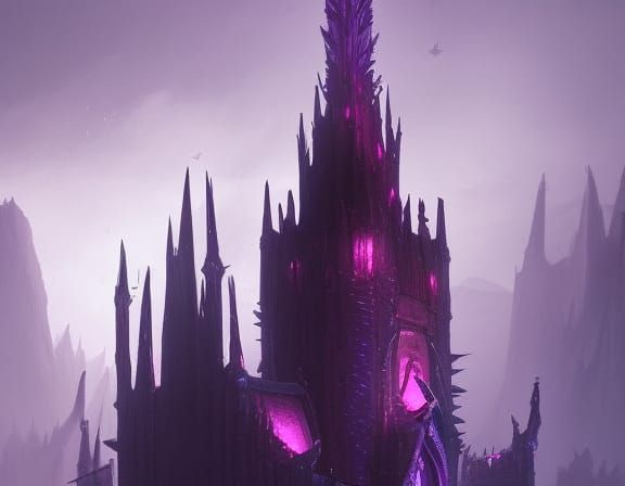 insanely detailed tall, spiky dark purple castle spire with horns covered in dark gemstones 8k resolution concept art by...