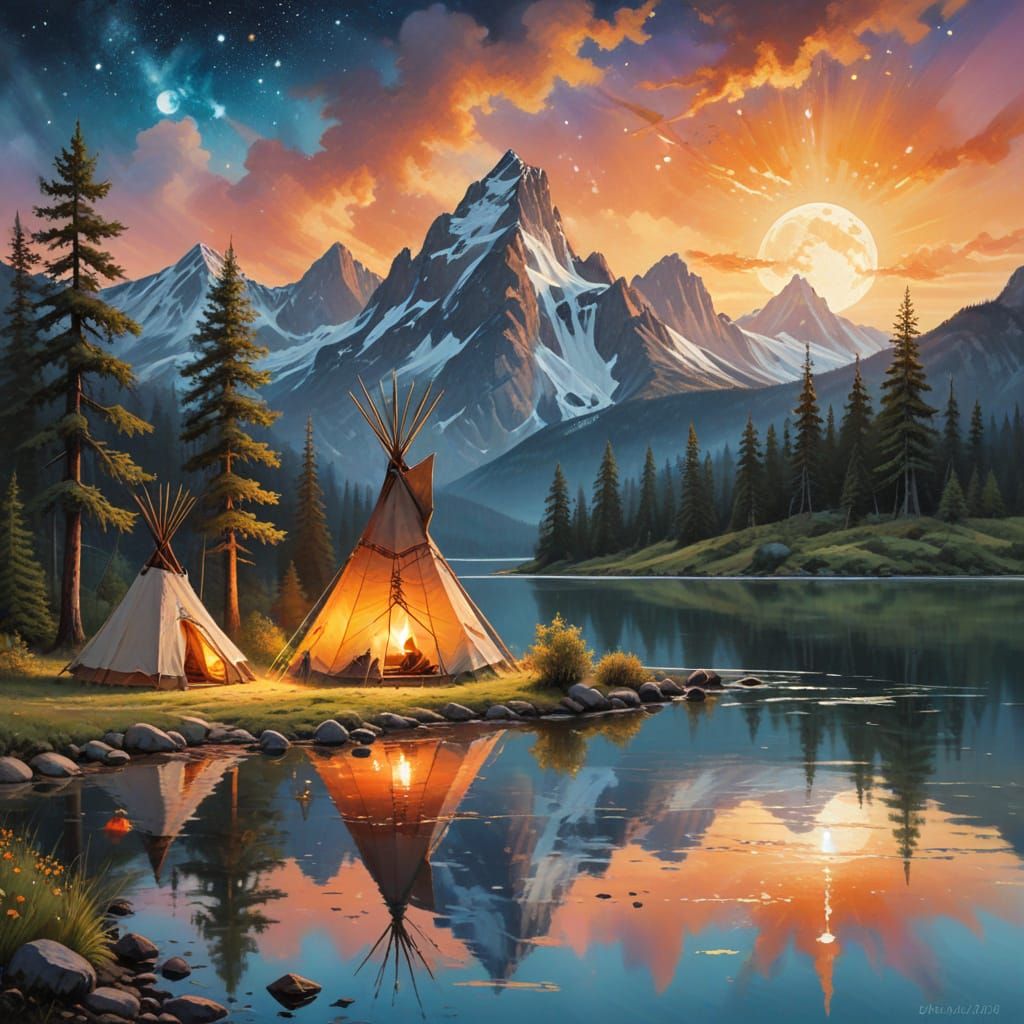 Surreal Twilight Tipi Scene in Dreamy Landscape Painting